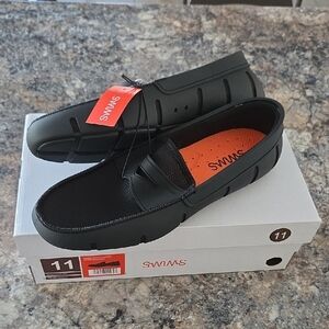 Swims Size 11 Men's NEW Black Penny Loafers Mocassins with Bright Orange Insole
